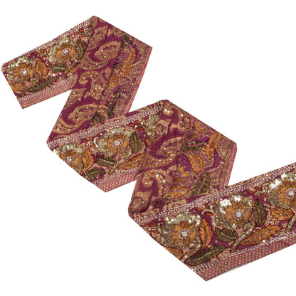 Sanskriti Vintage Hand Beaded Heavy 1 Yd Sari Border Art Silk Purple Craft Lace
