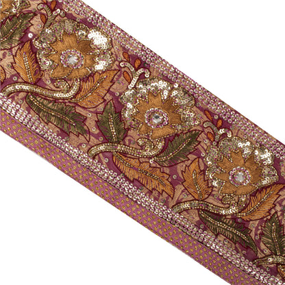 Sanskriti Vintage Hand Beaded Heavy 1 Yd Sari Border Art Silk Purple Craft Lace
