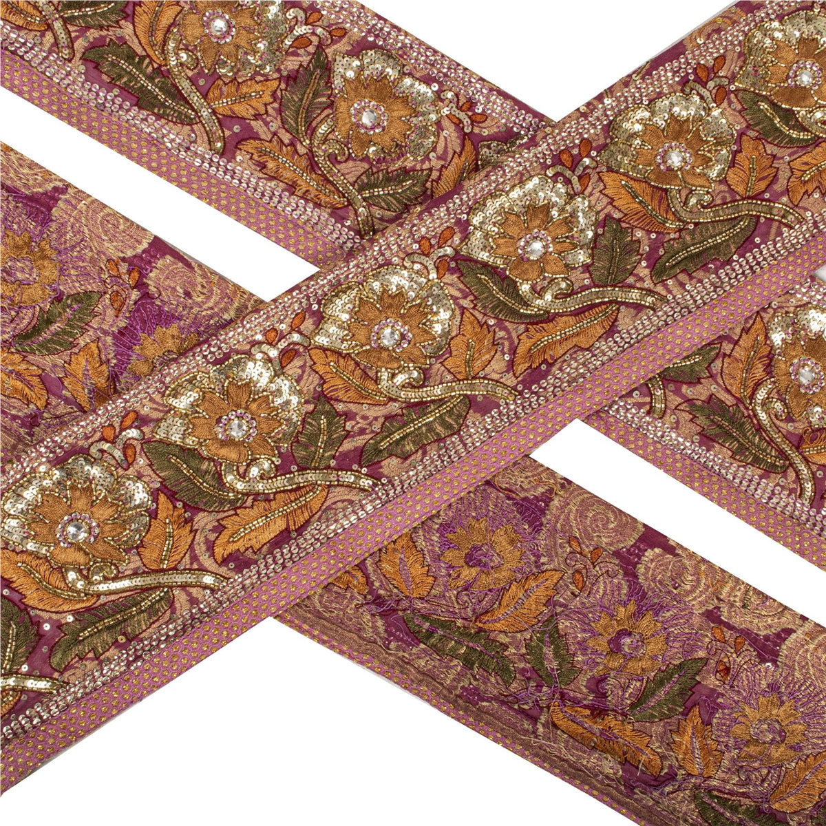 Sanskriti Vintage Hand Beaded Heavy 1 Yd Sari Border Art Silk Purple Craft Lace