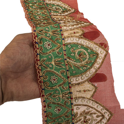 Sanskriti Vintage Hand Embroidered Heavy 1 Yd Sari Border Cotton Silk Pink Lace