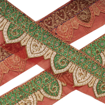 Sanskriti Vintage Hand Embroidered Heavy 1 Yd Sari Border Cotton Silk Pink Lace