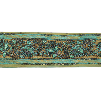 Sanskriti Vintage Hand Beaded Heavy 1 Yard Sari Border Green Trim Georgette Lace