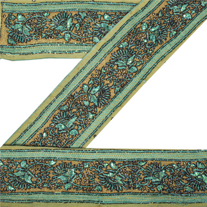 Sanskriti Vintage Hand Beaded Heavy 1 Yard Sari Border Green Trim Georgette Lace