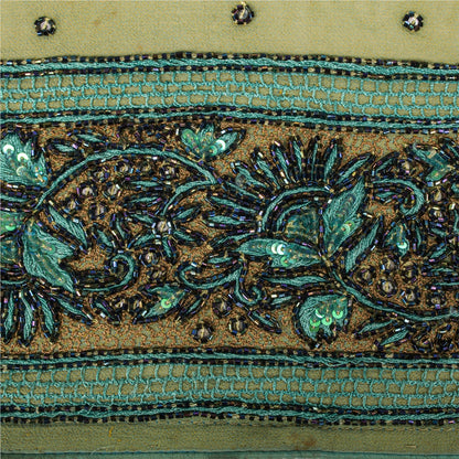 Sanskriti Vintage Hand Beaded Heavy 1 Yard Sari Border Green Trim Georgette Lace