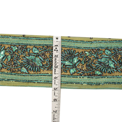 Sanskriti Vintage Hand Beaded Heavy 1 Yard Sari Border Green Trim Georgette Lace