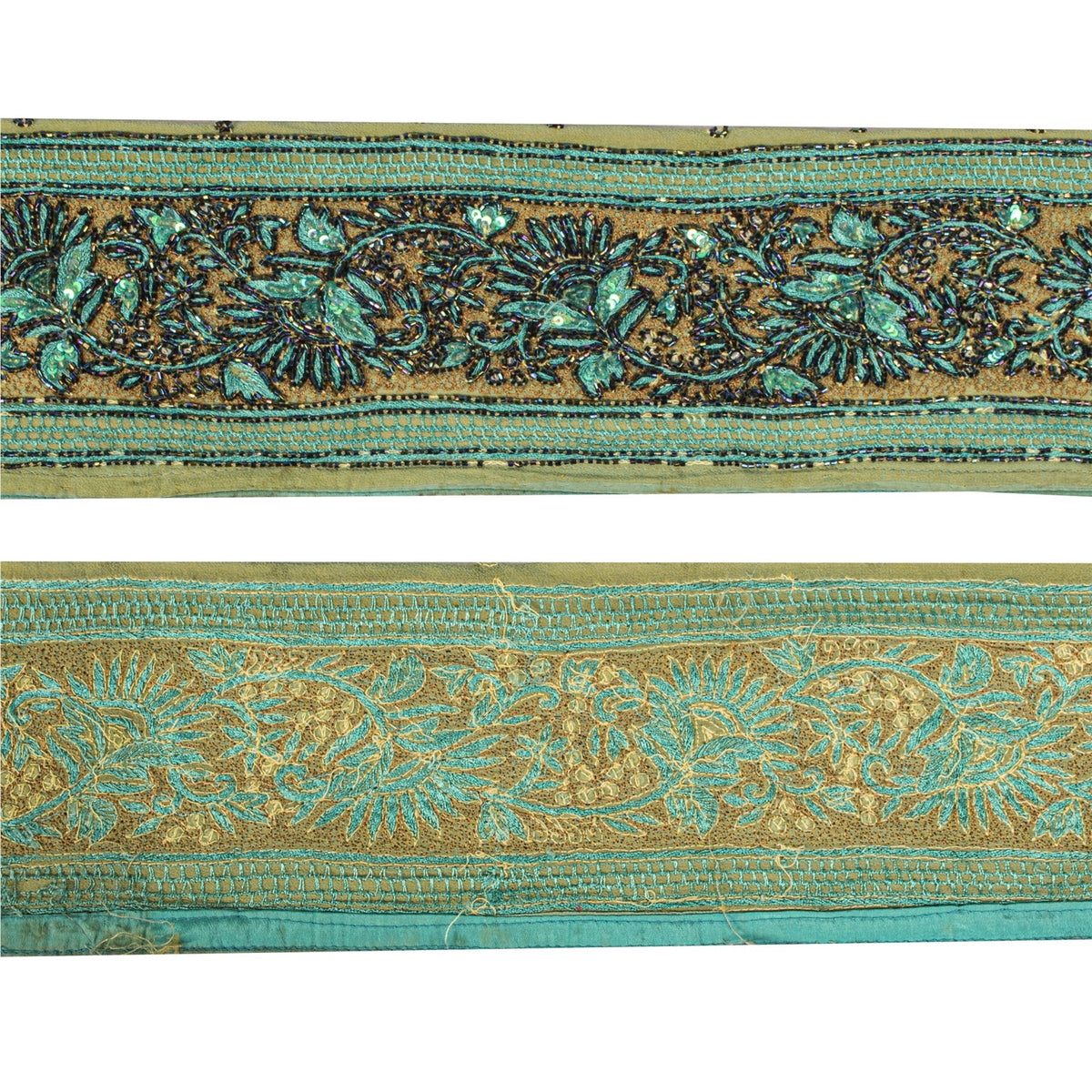 Sanskriti Vintage Hand Beaded Heavy 1 Yard Sari Border Green Trim Georgette Lace
