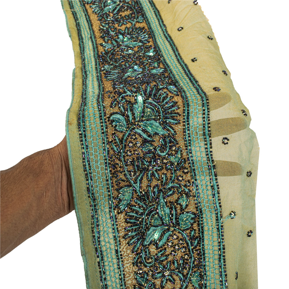 Sanskriti Vintage Hand Beaded Heavy 1 Yard Sari Border Green Trim Georgette Lace