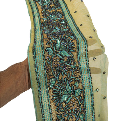 Sanskriti Vintage Hand Beaded Heavy 1 Yard Sari Border Green Trim Georgette Lace