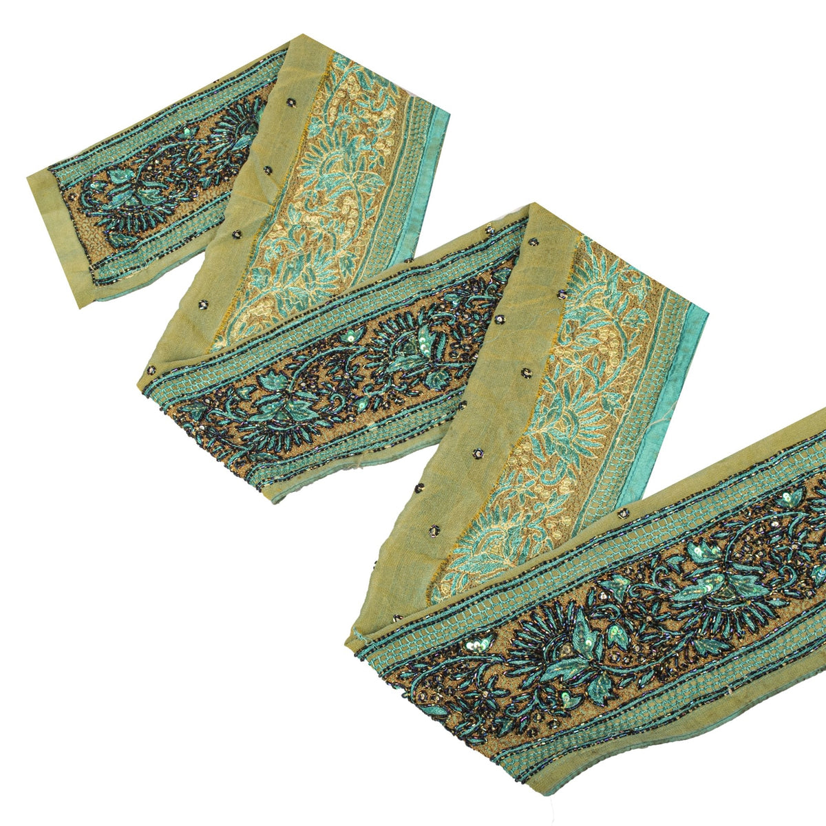Sanskriti Vintage Hand Beaded Heavy 1 Yard Sari Border Green Trim Georgette Lace
