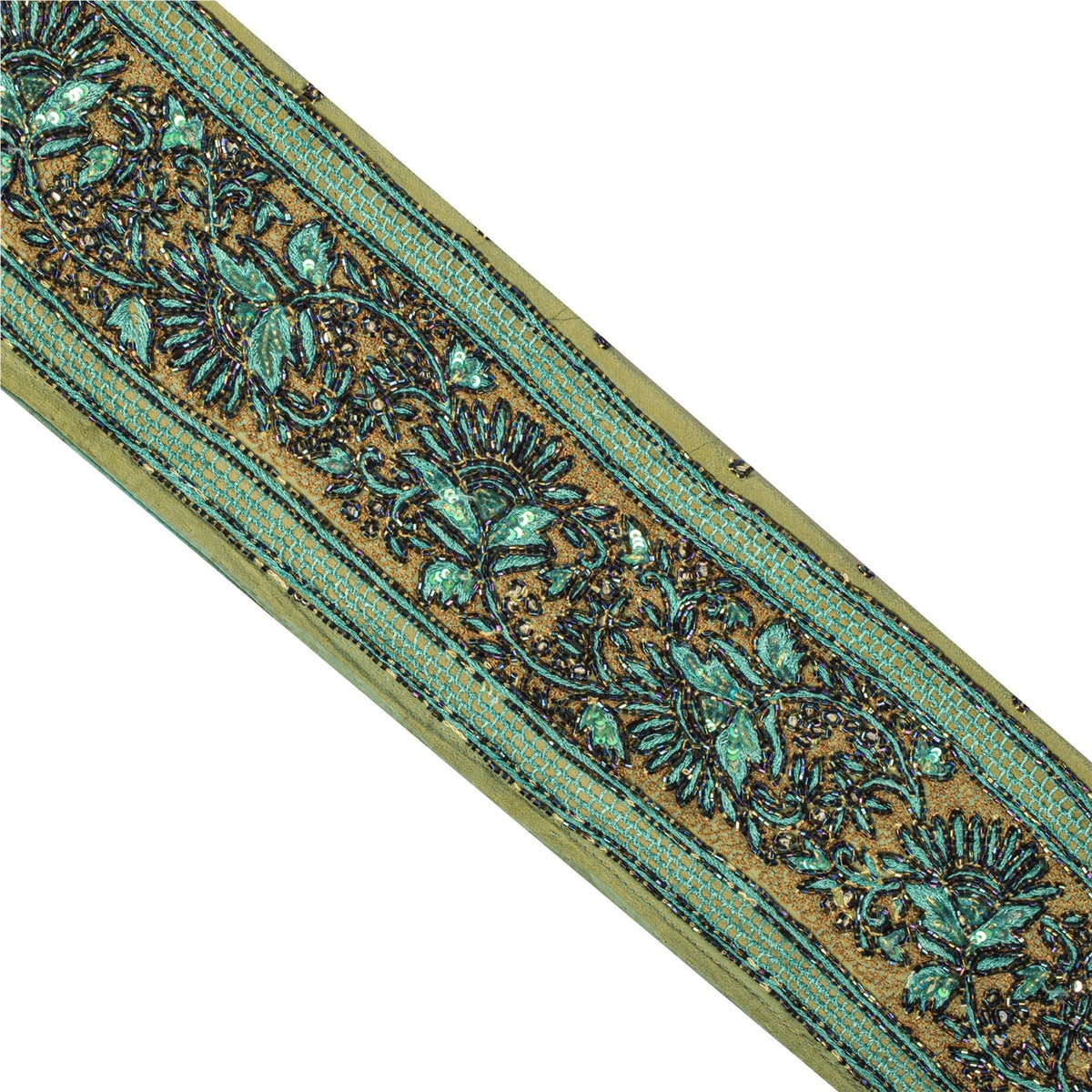 Sanskriti Vintage Hand Beaded Heavy 1 Yard Sari Border Green Trim Georgette Lace
