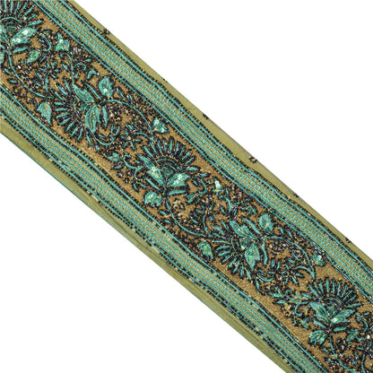 Sanskriti Vintage Hand Beaded Heavy 1 Yard Sari Border Green Trim Georgette Lace