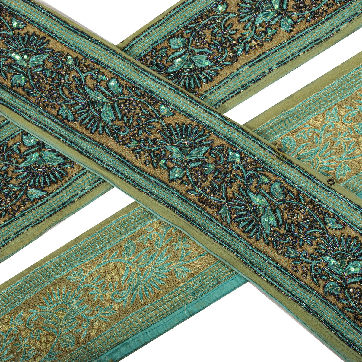 Sanskriti Vintage Hand Beaded Heavy 1 Yard Sari Border Green Trim Georgette Lace