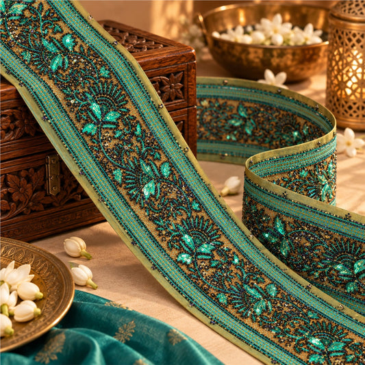 Sanskriti Vintage Hand Beaded Heavy 1 Yard Sari Border Green Trim Georgette Lace