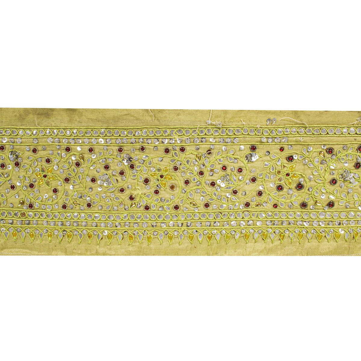 Sanskriti Vintage Hand Embroidered Heavy 1 Yard Sari Border Silk Green Trim Lace