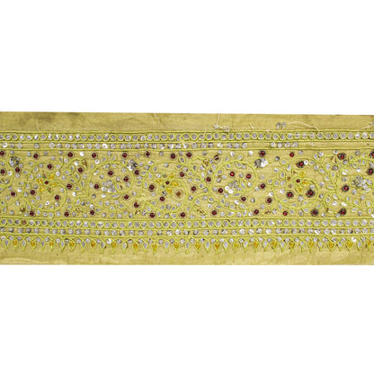 Sanskriti Vintage Hand Embroidered Heavy 1 Yard Sari Border Silk Green Trim Lace