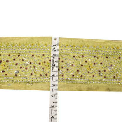 Sanskriti Vintage Hand Embroidered Heavy 1 Yard Sari Border Silk Green Trim Lace
