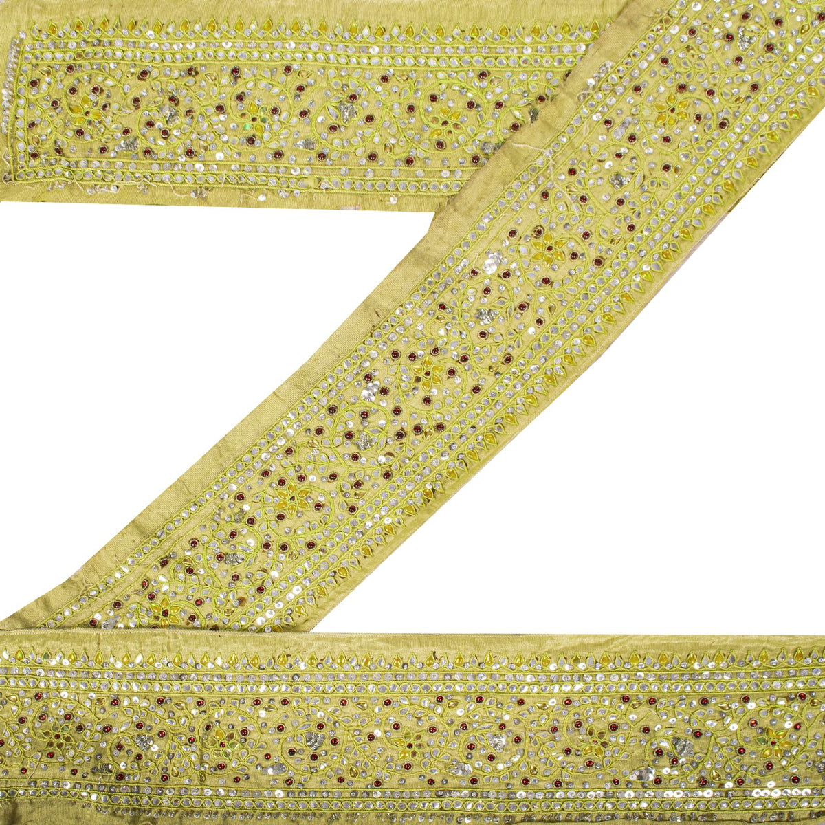 Sanskriti Vintage Hand Embroidered Heavy 1 Yard Sari Border Silk Green Trim Lace