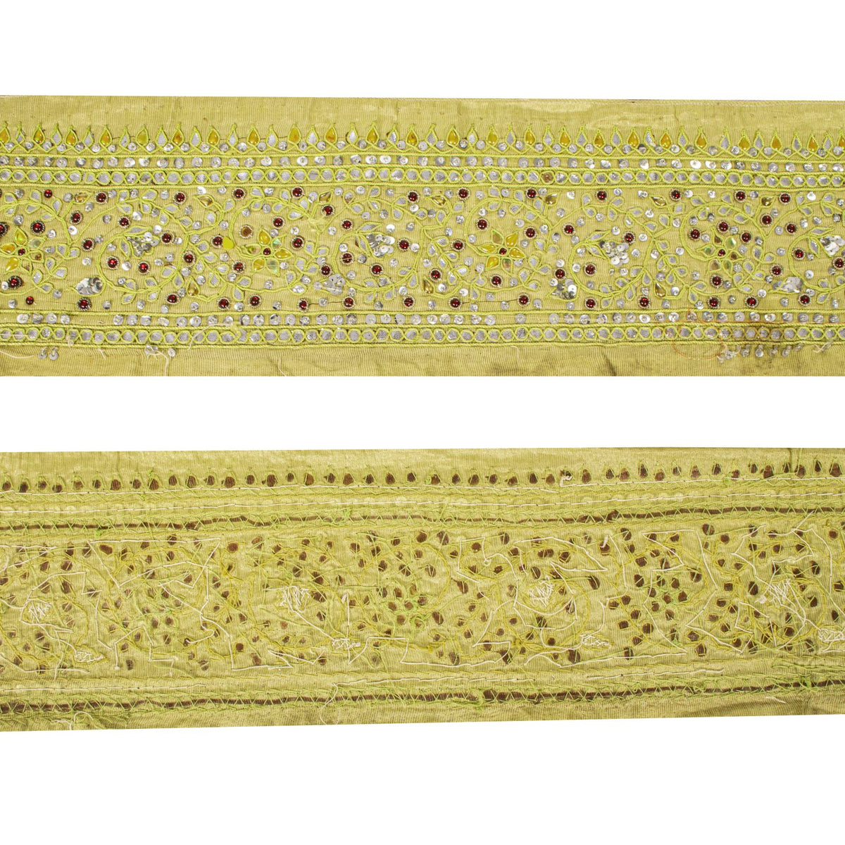 Sanskriti Vintage Hand Embroidered Heavy 1 Yard Sari Border Silk Green Trim Lace