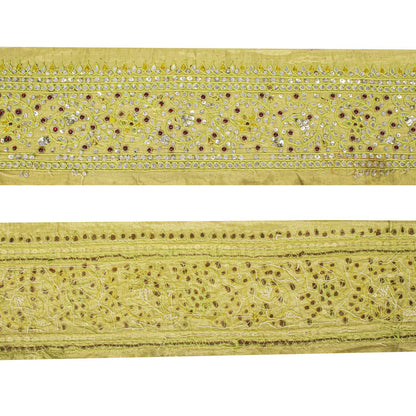 Sanskriti Vintage Hand Embroidered Heavy 1 Yard Sari Border Silk Green Trim Lace