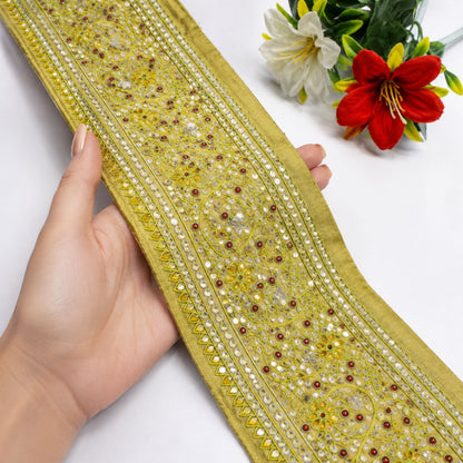 Sanskriti Vintage Hand Embroidered Heavy 1 Yard Sari Border Silk Green Trim Lace