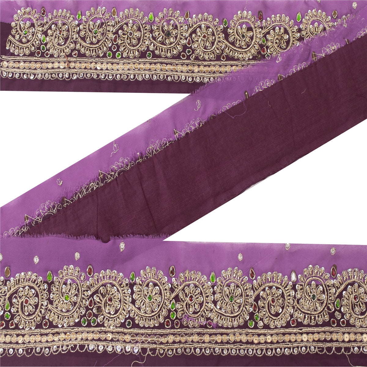 Sanskriti Vintage Hand Embroidery Georgette Heavy Sari Border 1 Yard Purple Lace