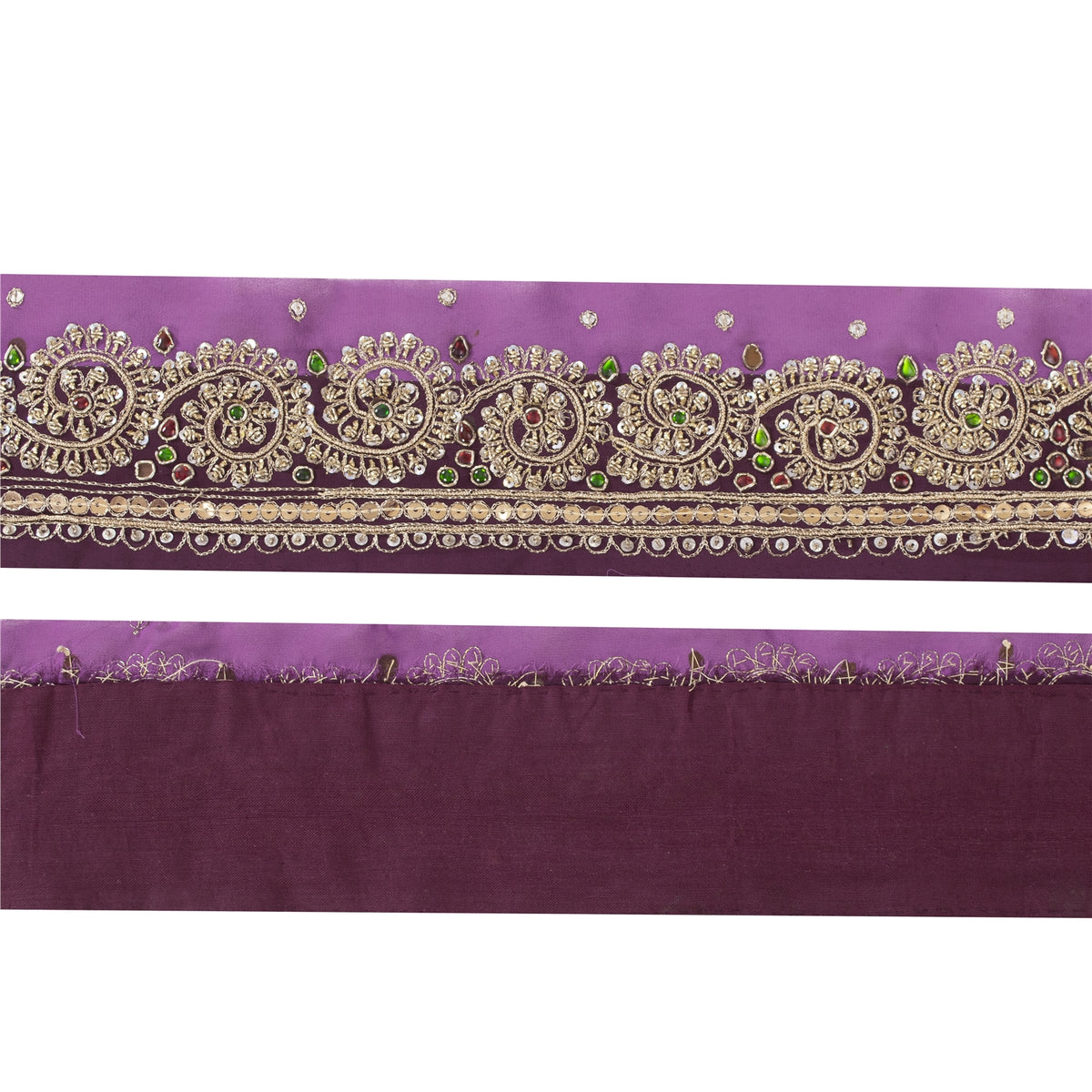 Sanskriti Vintage Hand Embroidery Georgette Heavy Sari Border 1 Yard Purple Lace