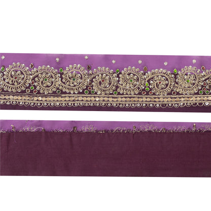 Sanskriti Vintage Hand Embroidery Georgette Heavy Sari Border 1 Yard Purple Lace