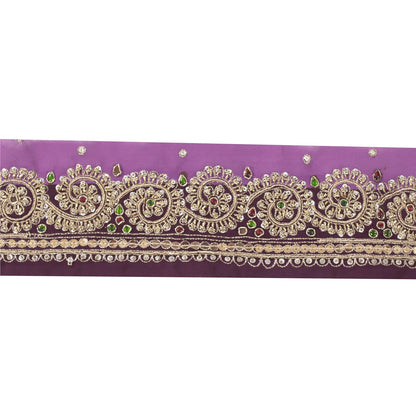 Sanskriti Vintage Hand Embroidery Georgette Heavy Sari Border 1 Yard Purple Lace