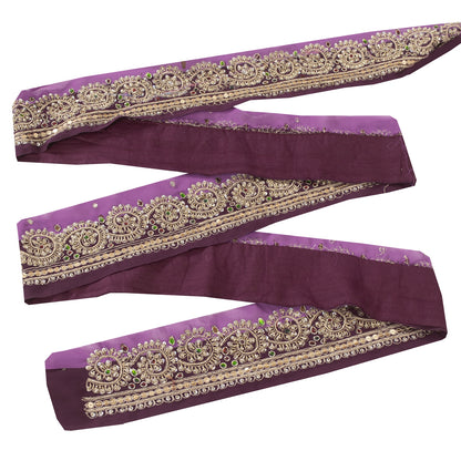 Sanskriti Vintage Hand Embroidery Georgette Heavy Sari Border 1 Yard Purple Lace