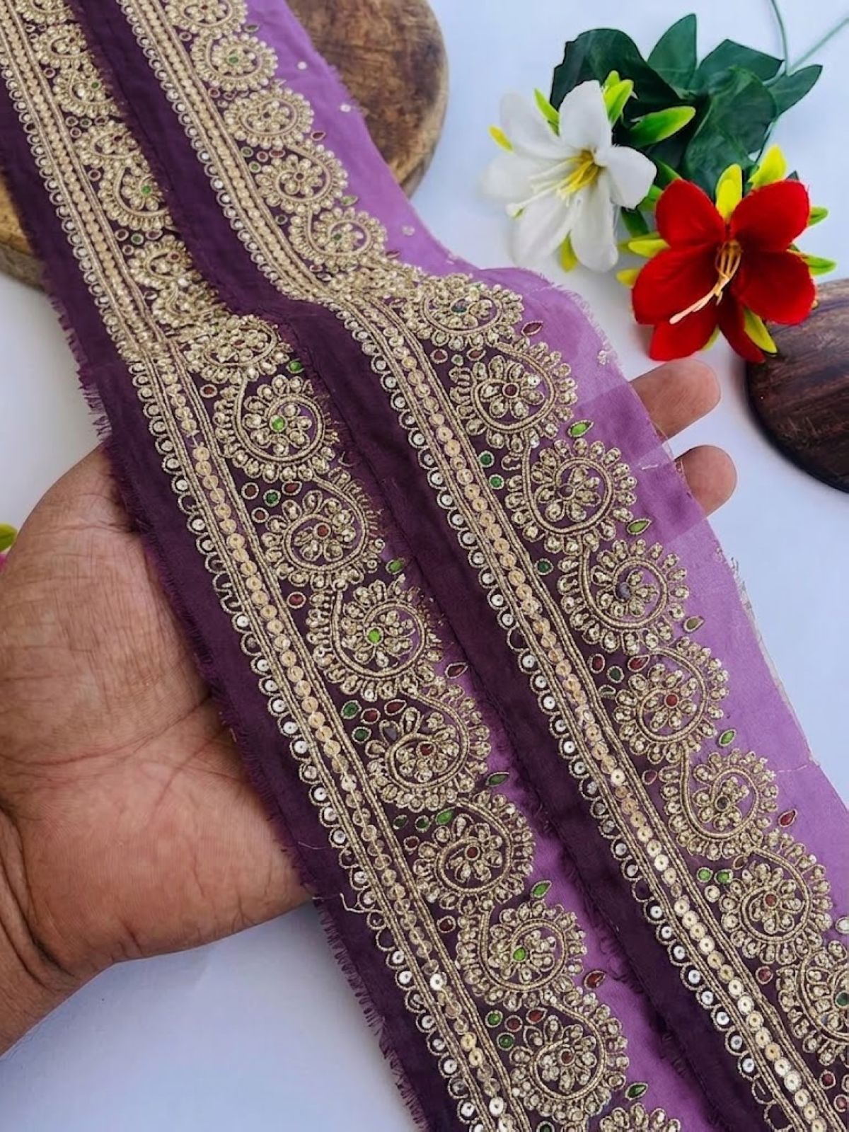Sanskriti Vintage Hand Embroidery Georgette Heavy Sari Border 1 Yard Purple Lace