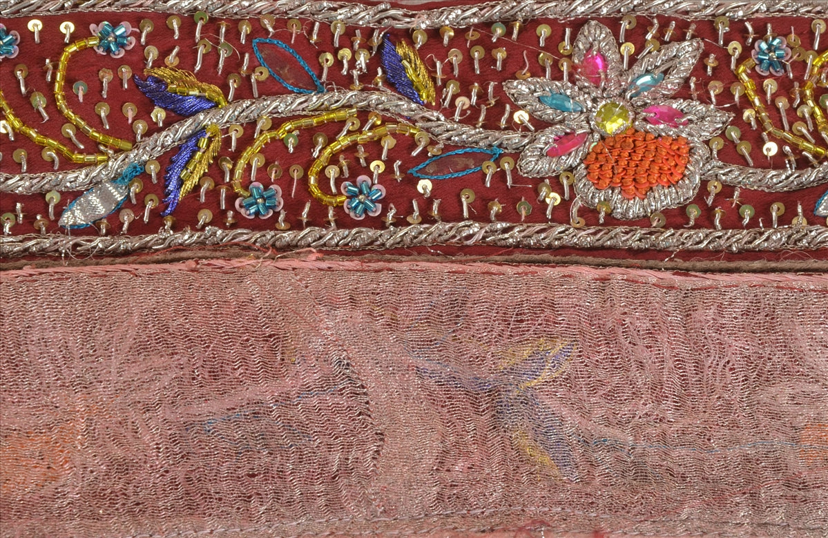 Sanskriti Vintage Hand Embroidery Pure Crepe Heavy Sari Border 1 Yd 2.5"W Maroon