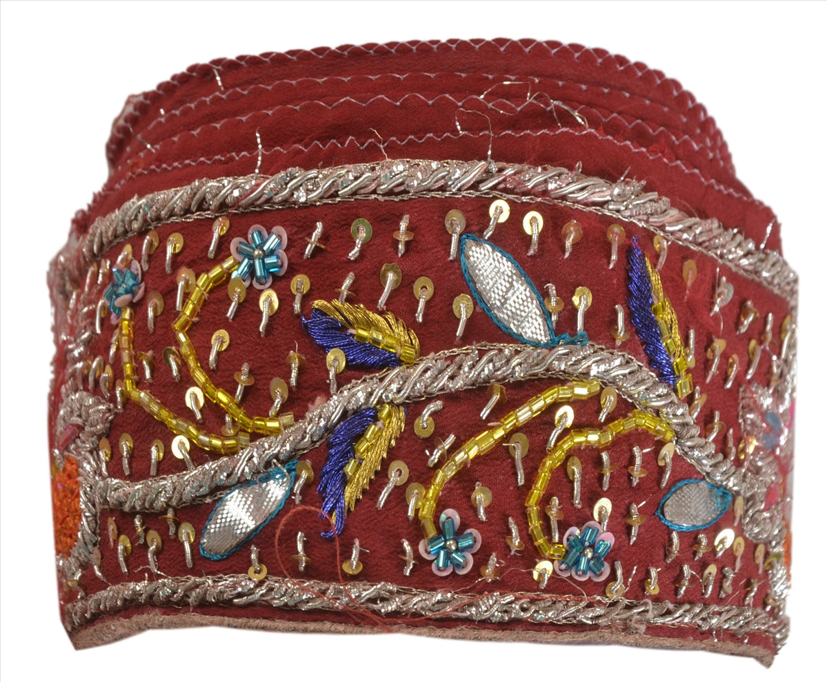 Sanskriti Vintage Hand Embroidery Pure Crepe Heavy Sari Border 1 Yd 2.5"W Maroon