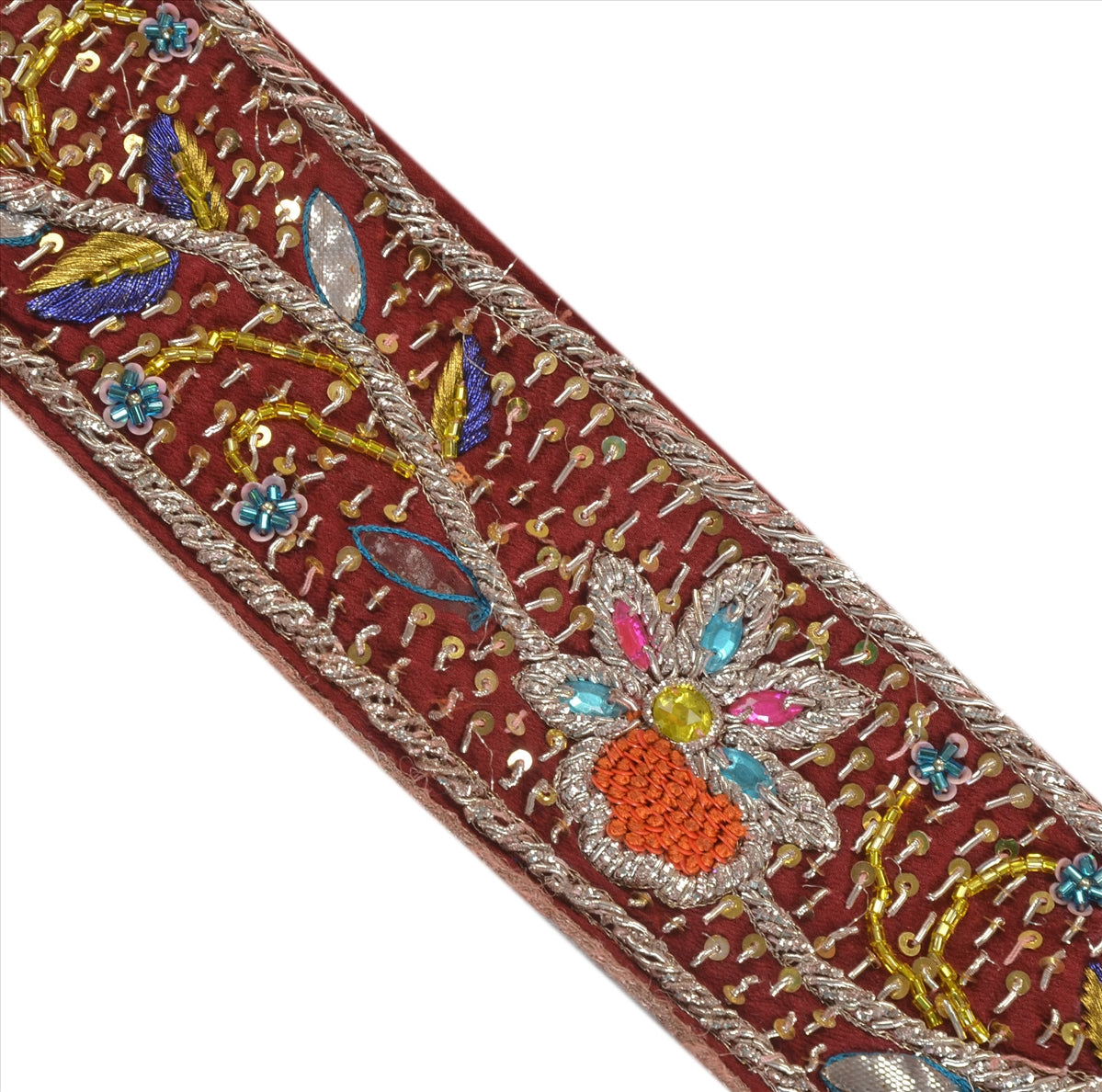 Sanskriti Vintage Hand Embroidery Pure Crepe Heavy Sari Border 1 Yd 2.5"W Maroon