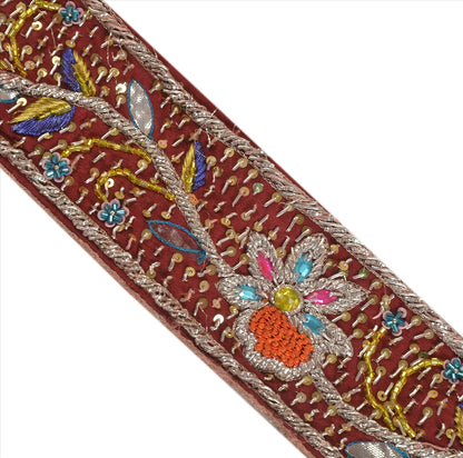 Sanskriti Vintage Hand Embroidery Pure Crepe Heavy Sari Border 1 Yd 2.5"W Maroon