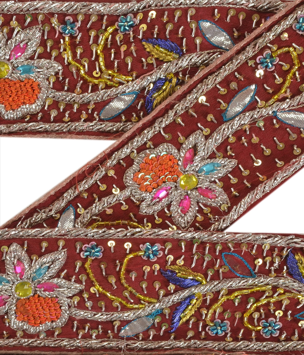 Sanskriti Vintage Hand Embroidery Pure Crepe Heavy Sari Border 1 Yd 2.5"W Maroon