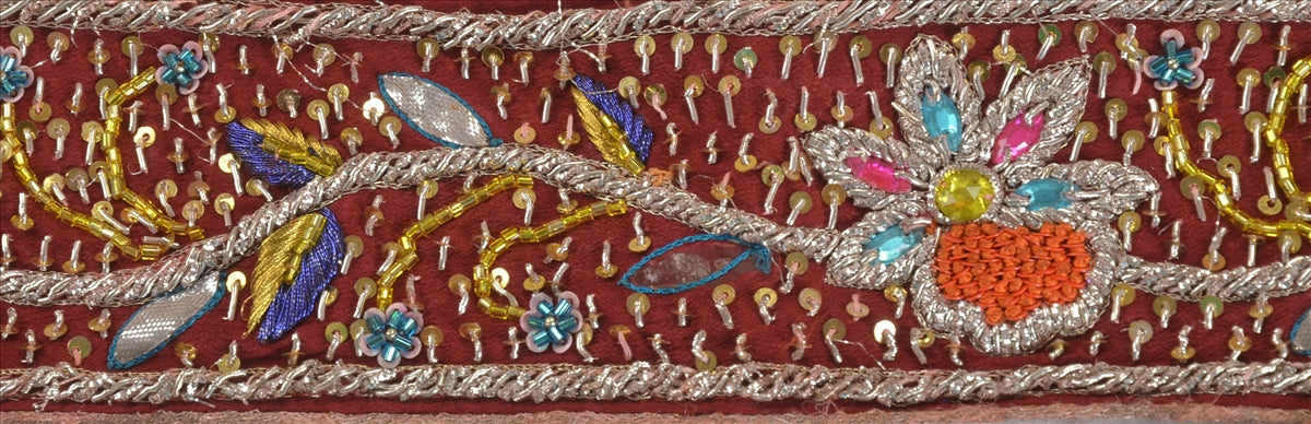 Sanskriti Vintage Hand Embroidery Pure Crepe Heavy Sari Border 1 Yd 2.5"W Maroon