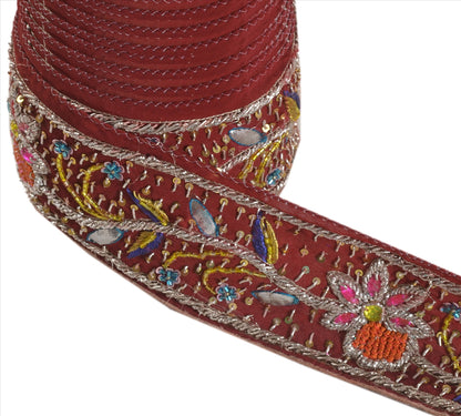 Sanskriti Vintage Hand Embroidery Pure Crepe Heavy Sari Border 1 Yd 2.5"W Maroon