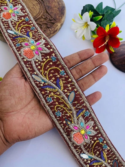 Sanskriti Vintage Hand Embroidery Pure Crepe Heavy Sari Border 1 Yd 2.5"W Maroon