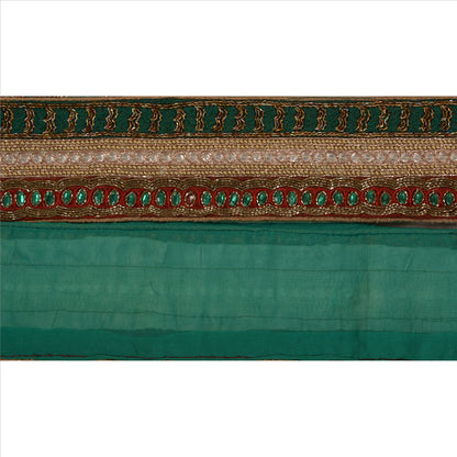 Sanskriti Vintage Hand Beaded Georgette Heavy Sari Border 1 Yd Green Craft Lace