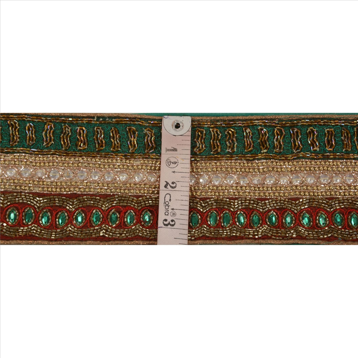 Sanskriti Vintage Hand Beaded Georgette Heavy Sari Border 1 Yd Green Craft Lace