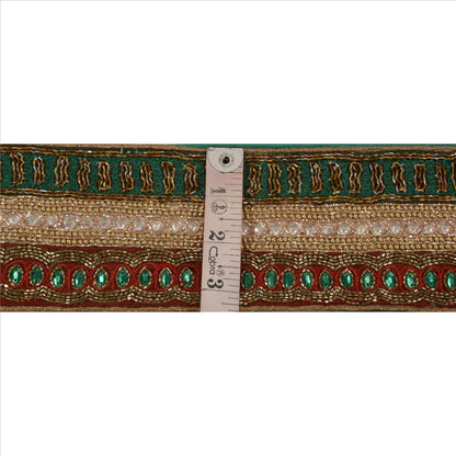 Sanskriti Vintage Hand Beaded Georgette Heavy Sari Border 1 Yd Green Craft Lace