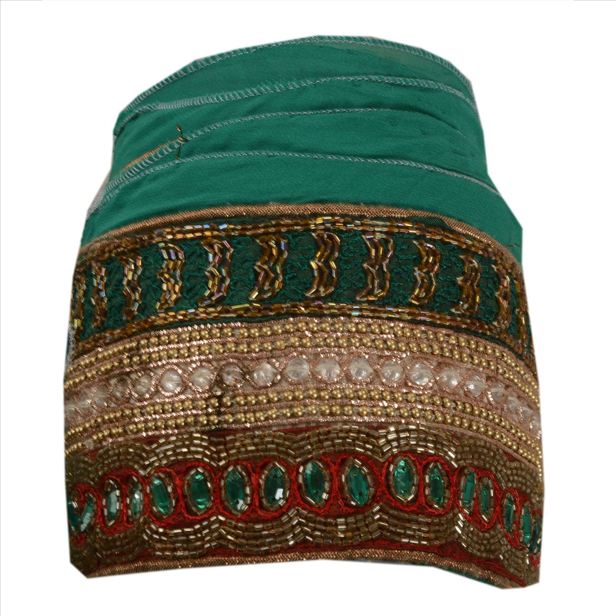 Sanskriti Vintage Hand Beaded Georgette Heavy Sari Border 1 Yd Green Craft Lace