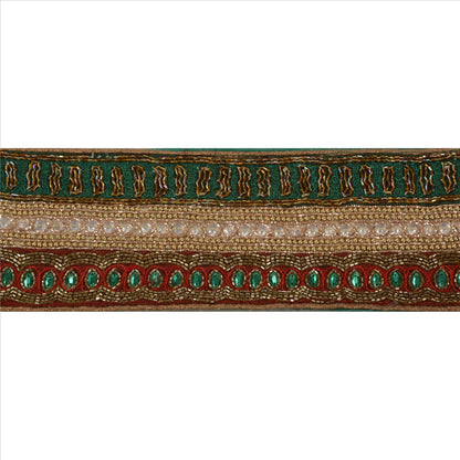 Sanskriti Vintage Hand Beaded Georgette Heavy Sari Border 1 Yd Green Craft Lace