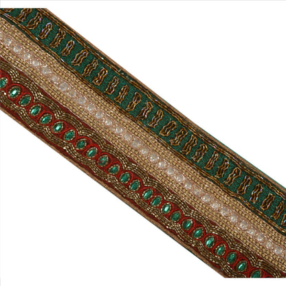 Sanskriti Vintage Hand Beaded Georgette Heavy Sari Border 1 Yd Green Craft Lace