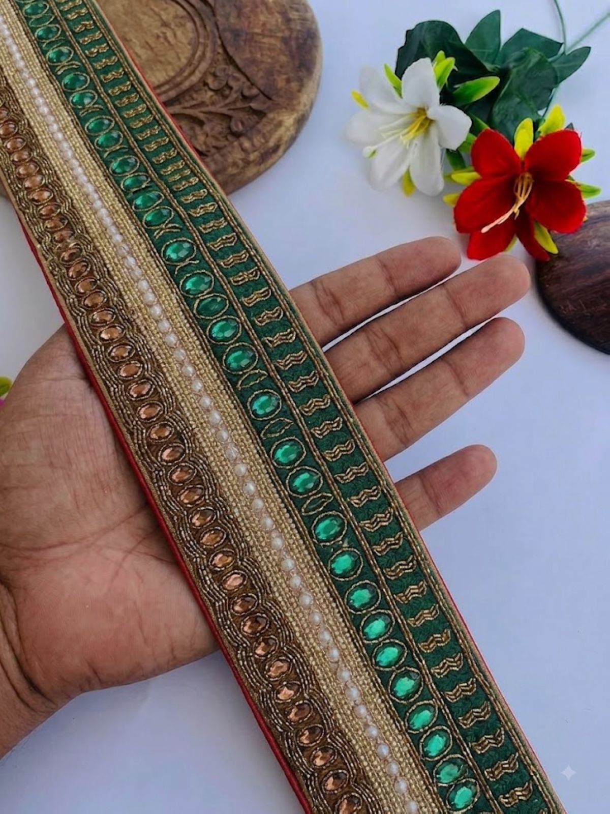 Sanskriti Vintage Hand Beaded Georgette Heavy Sari Border 1 Yd Green Craft Lace