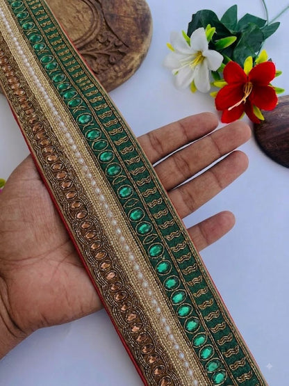 Sanskriti Vintage Hand Beaded Georgette Heavy Sari Border 1 Yd Green Craft Lace