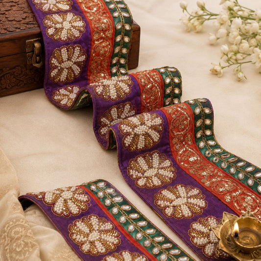 Sanskriti Vintage Hand Beaded Art Silk Heavy Sari Border 1 Yard Multicolor Lace