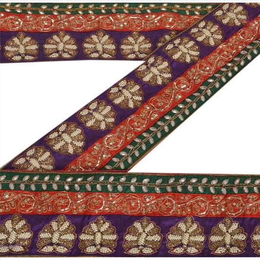 Sanskriti Vintage Hand Beaded Art Silk Heavy Sari Border 1 Yard Multicolor Lace