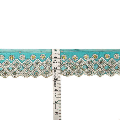 Sanskriti Vintage Hand Bead Pure Chiffon 1 Yd 2.5"W Sari Border Blue Craft Lace