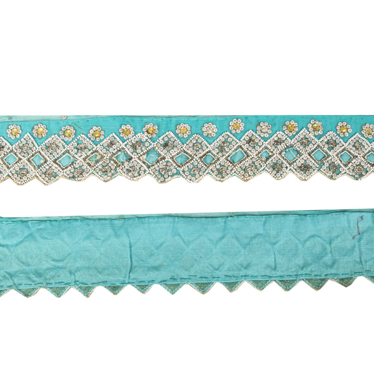 Sanskriti Vintage Hand Bead Pure Chiffon 1 Yd 2.5"W Sari Border Blue Craft Lace